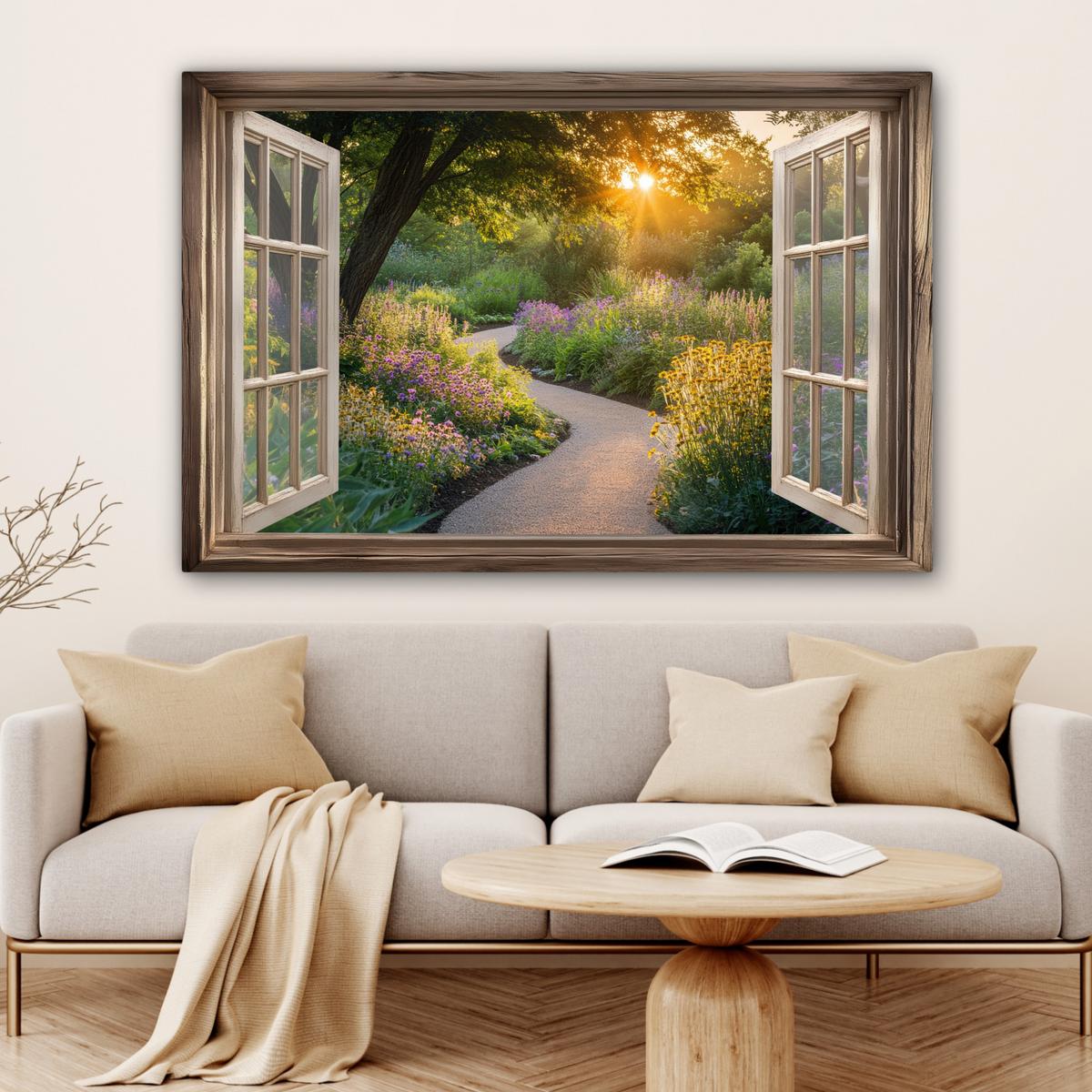 LEINWANDBILD Aussicht - Blumen - Natur - Sonne - Weg Wohnzimmer Groß 120x80 cm - Hellgelb, Textil (120/80cm) - MuchoWow