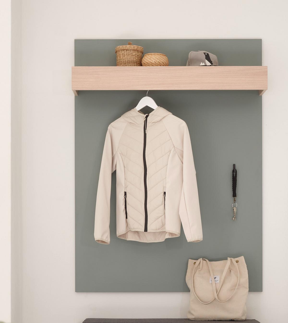 GARDEROBENPANEEL Salbei Grün mit Eiche, Wandgarderobe mit Kleiderstange, 100 x 135 cm - Salbeigrün/Eichefarben, Holzwerkstoff/Metall (100/135/25cm) - Furn.Design