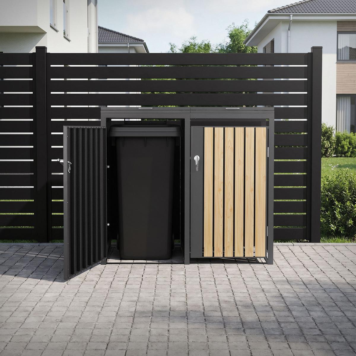 MÜLLTONNENBOX 4er Anthrazit-Holzoptik - Naturfarben, Metall (264/120/80cm) - ML-DESIGN
