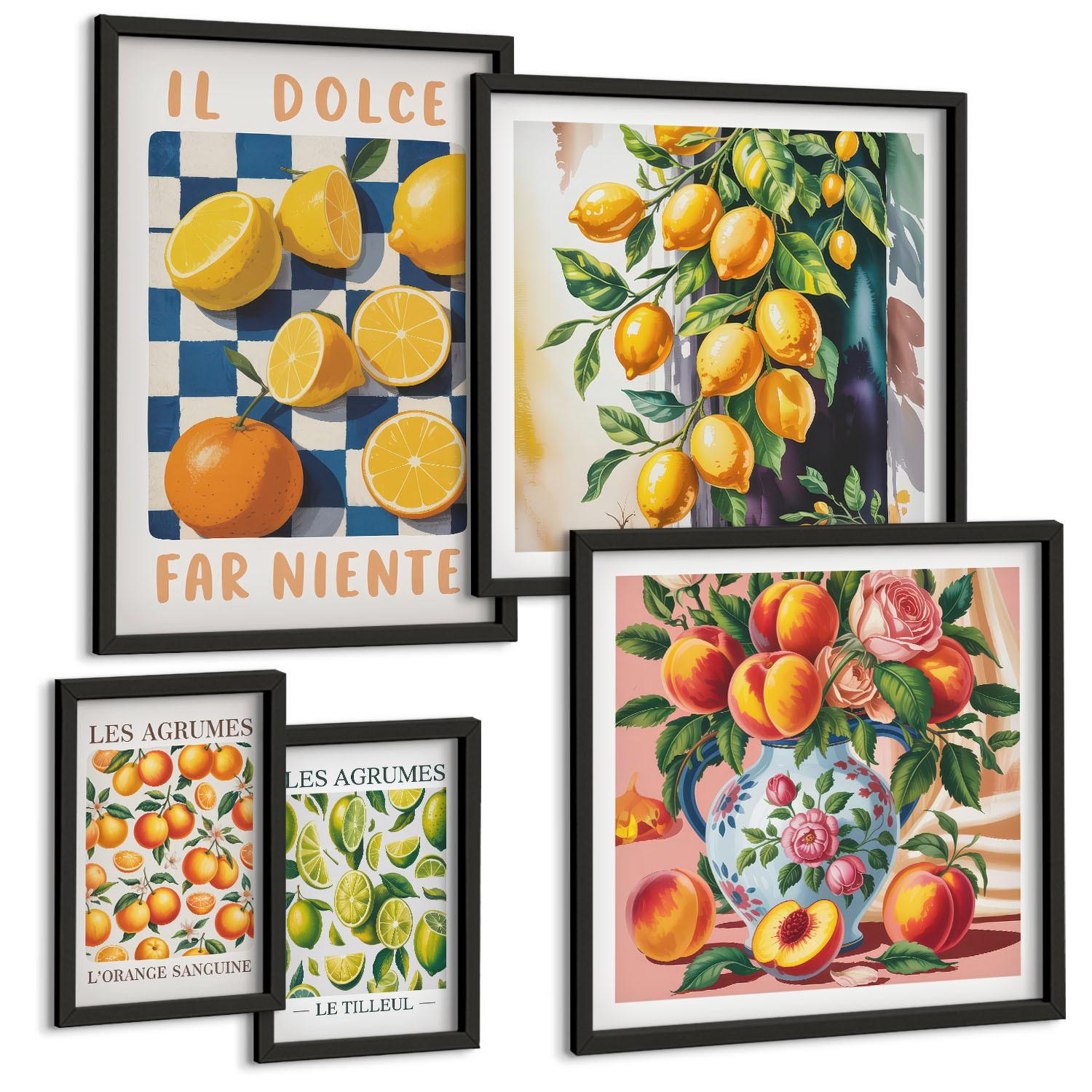 BILDER SET 5er Set - 50x50 cm & 20x30 cm & 40x60 cm Schwarzer Rahmen - Zitronenbäume im Topf - Schwarz, Kunststoff (40/60cm) - TULUP