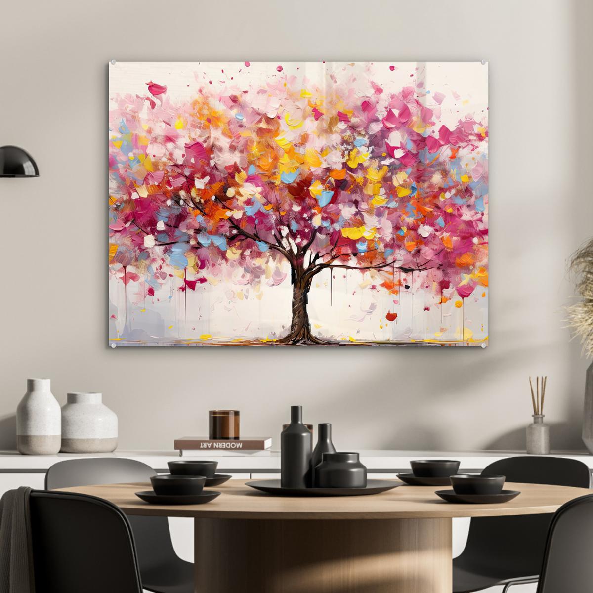 ACRYLGLASBILD Aquarell - Baum - Kunst - Abstrakt 80x60 cm - Multicolor, Glas (80/60cm) - MuchoWow
