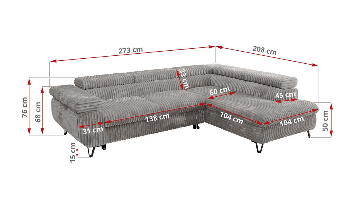 ECKSOFA PABLO L Hellgrau Cord - Links Seite - Hellgrau/Schwarz, Textil/Metall (208/273cm) - MKS