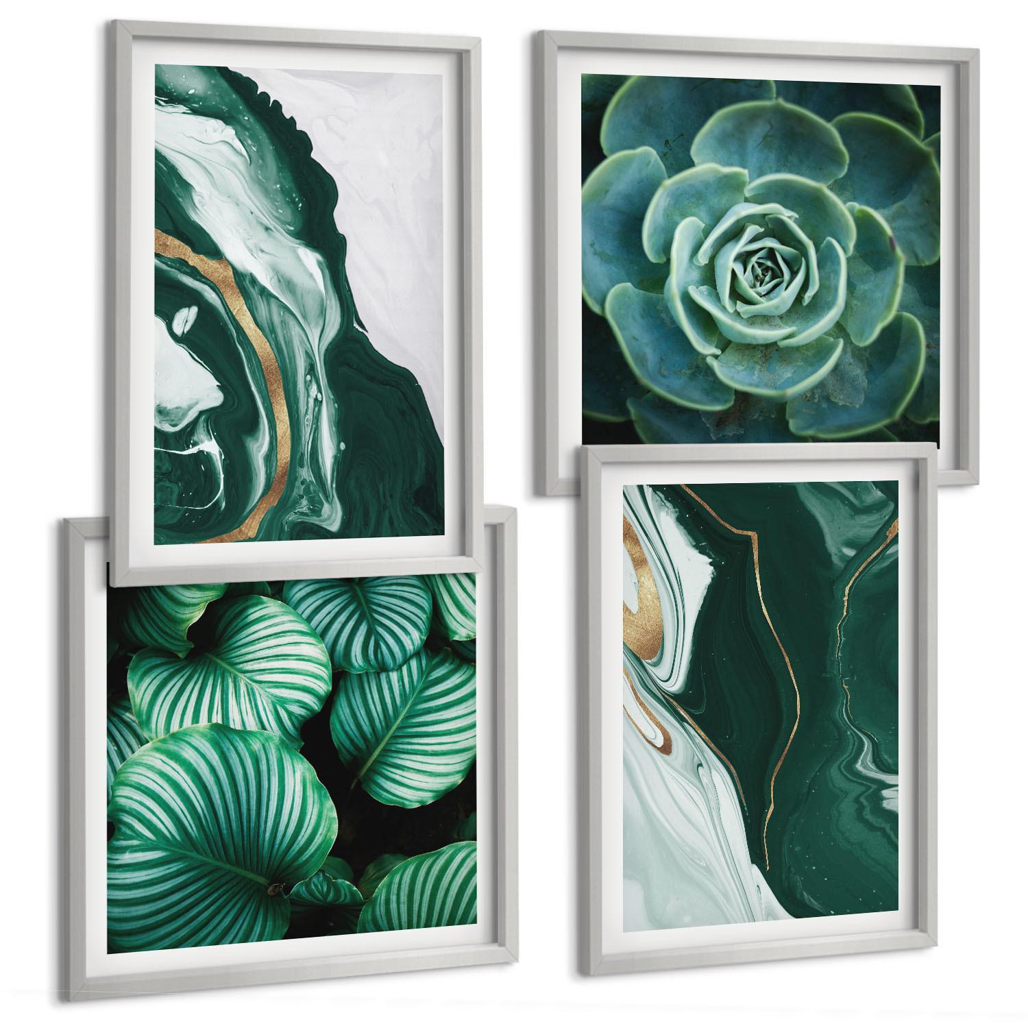 BILDER SET 4er Set - 50x50 cm & 40x60 cm Silberner Rahmen - Abstrakte Muster von Sukkulentenblättern - Silberfarben, Kunststoff (50/50cm) - TULUP