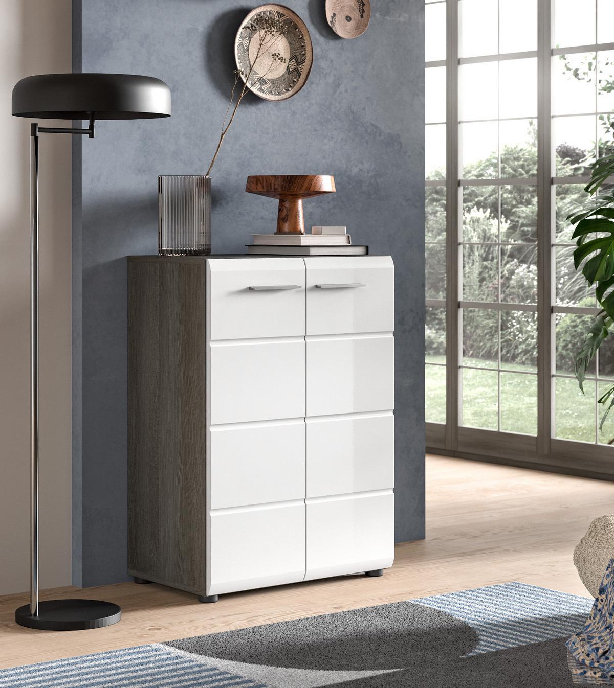 KOMMODE weiß Hochglanz, grau 60 cm, Sideboard mit Rillenoptik - Weiß Hochglanz/Silberfarben, Holzwerkstoff/Kunststoff (60/85/37cm) - Inn.Furn