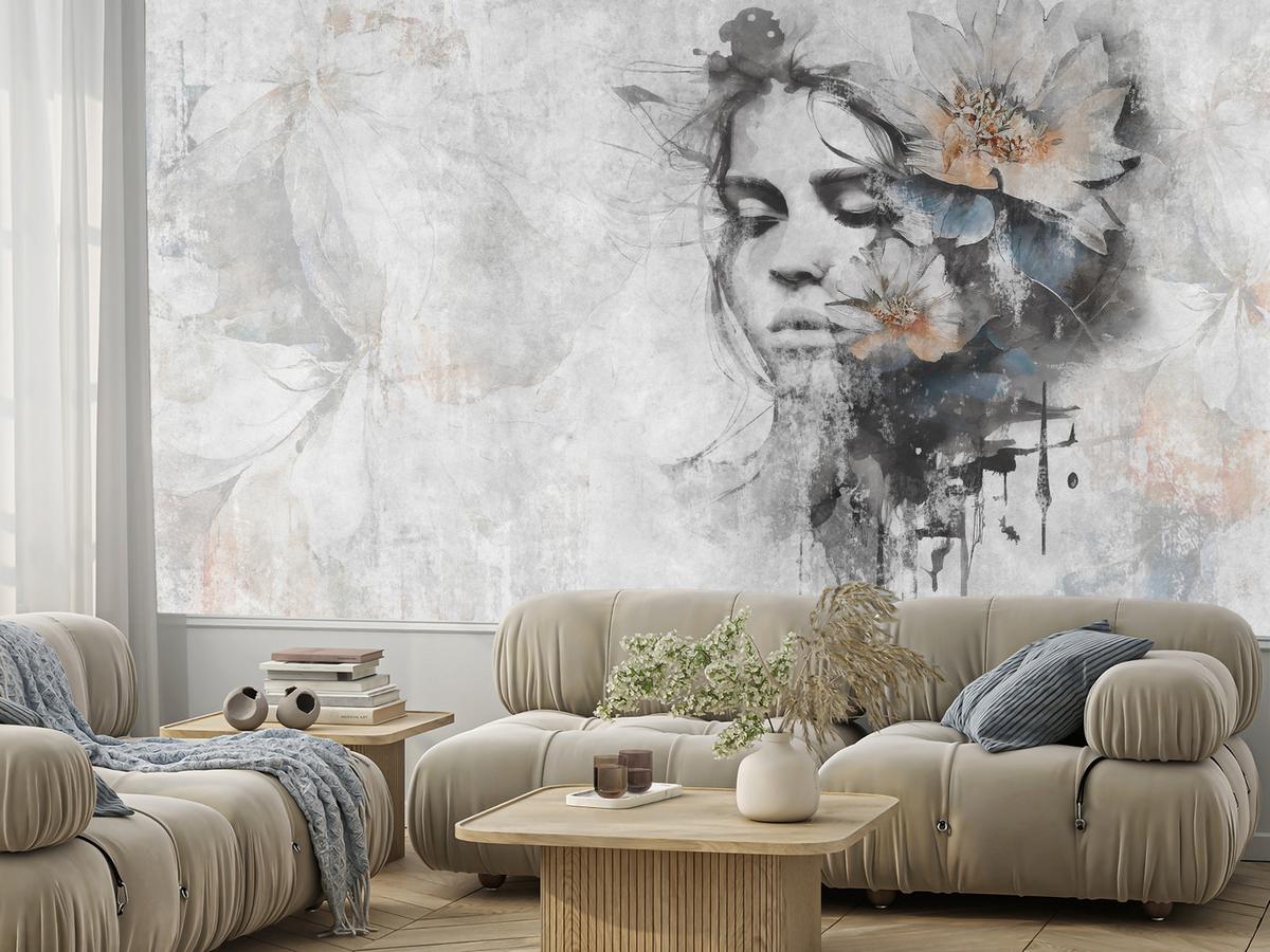 FOTOTAPETE für Wohnzimmer Gesicht Frau Grau Betonwand Blumen 100x70 - Grau, Papier (100/70cm) - Muralo
