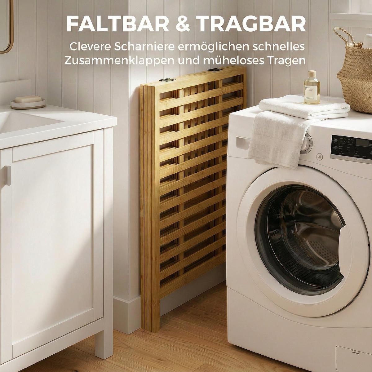 WÄSCHEKORB Bambus Polyester Naturholz Cremeweiß - Naturfarben, Holz/Bambusholz (36/64.2/55cm) - HOMCOM