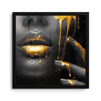 POSTER MIT RAHMENGERAHMTES BILD Frau - Schwarz - Gold - Gesicht - Lippen 40x40 cm - Goldfarben, Papier (40/40cm) - MuchoWow