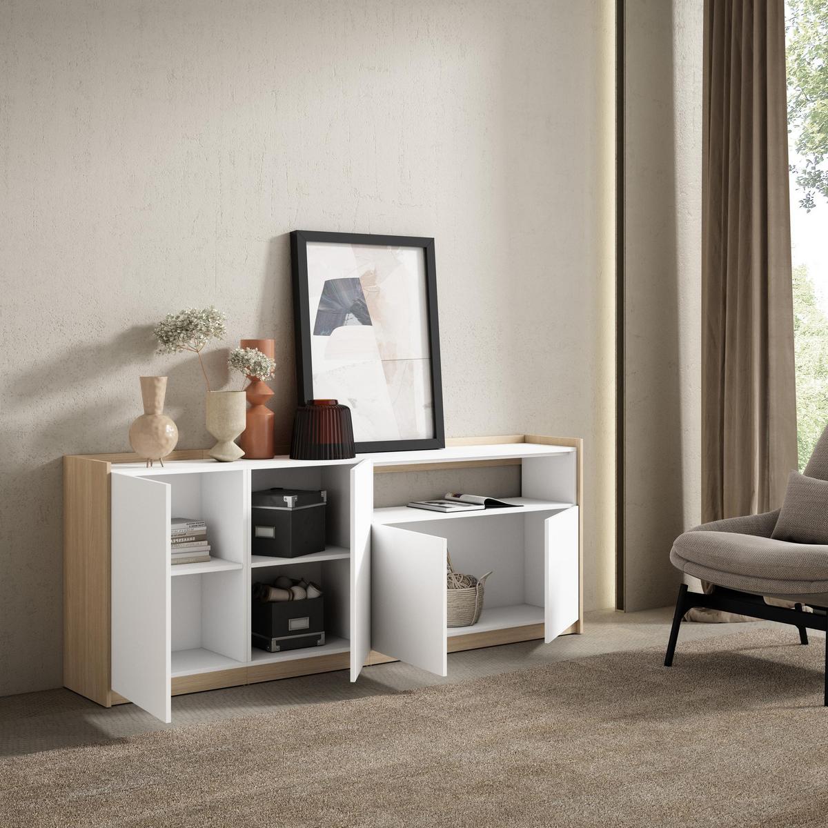 SIDEBOARD, Highboard, Weiß und Eiche Soft, 207/37/80cm - Weiß, Holzwerkstoff (207/80/37cm) - Skraut Home