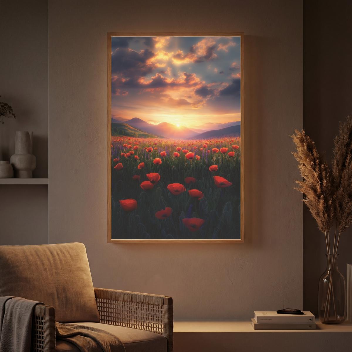 WANDLEUCHTE MIT AKKU Landschaft - Sonnenuntergang - Blumenfeld 60x90 cm - Rot, Holzwerkstoff (60/90/8cm) - OnlyWow