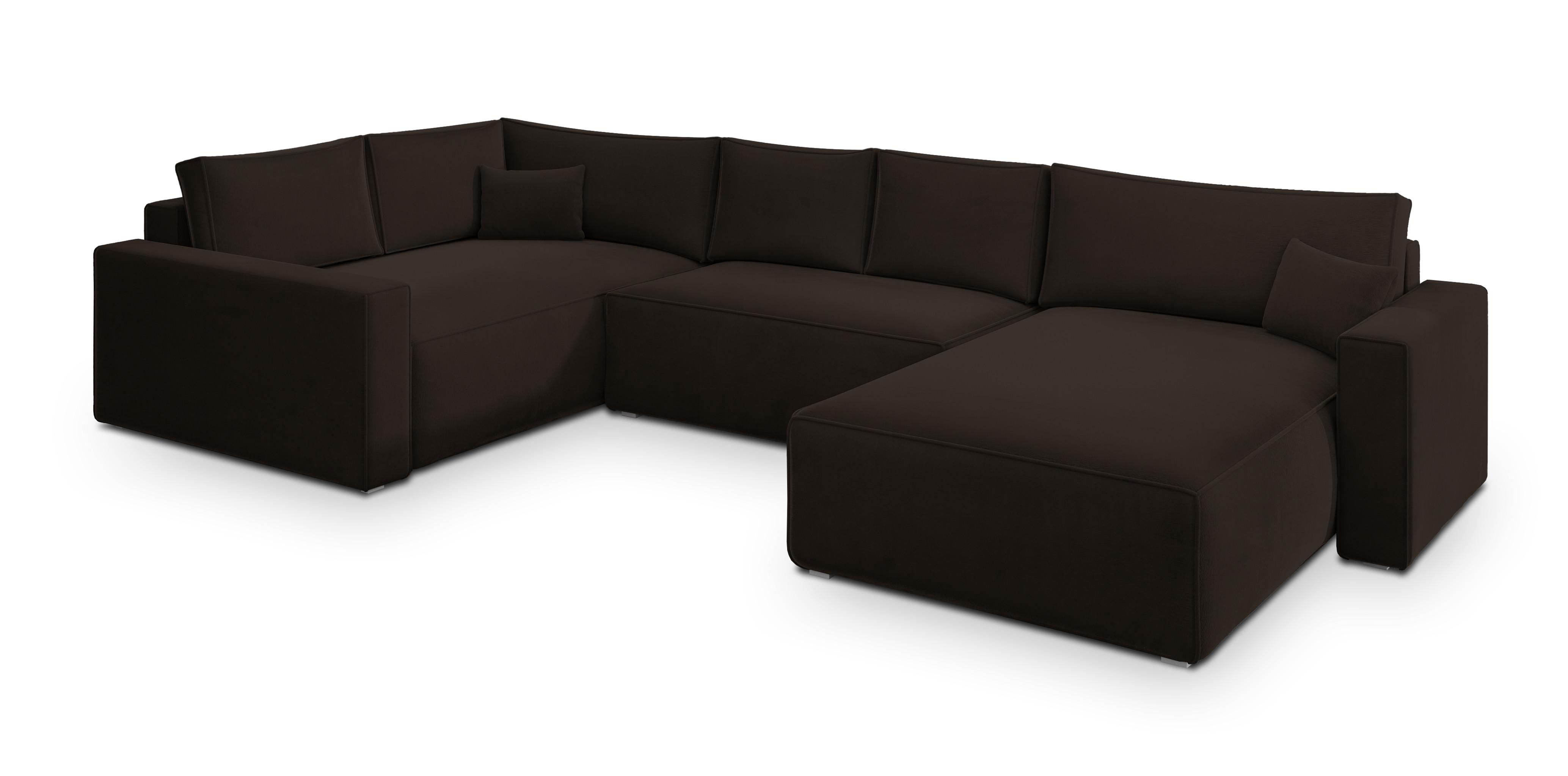 WOHNLANDSCHAFT VELAMI L-S Braun Velours-Stoff mit Schlaffunktion - Braun, Holz (365/83/194cm) - MASSENO