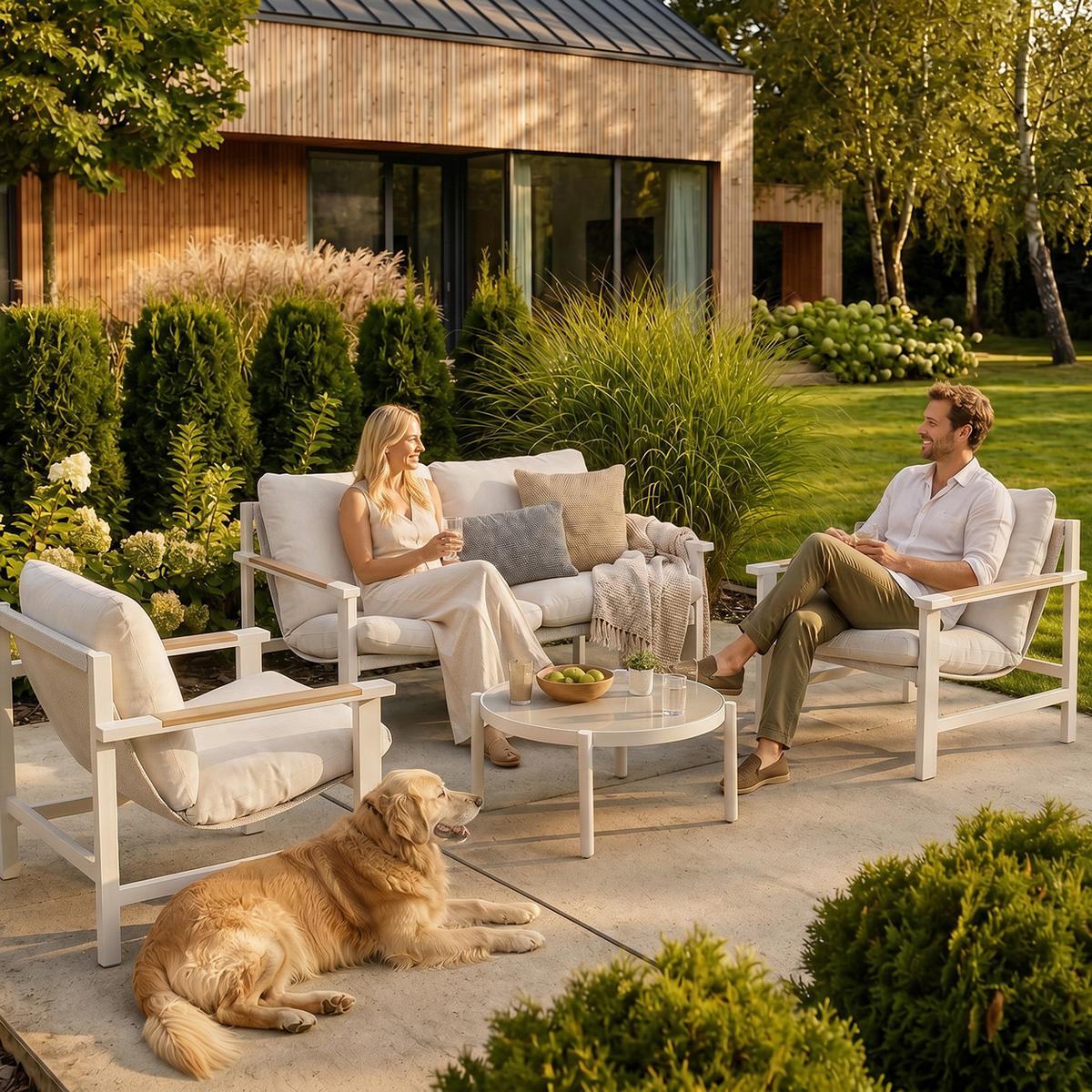 GARTENSET Aspen aus Metall, 2 Sessel + 2-Sitzer Sofa + Couchtisch, Beige - Beige, Metall - Beautysofa