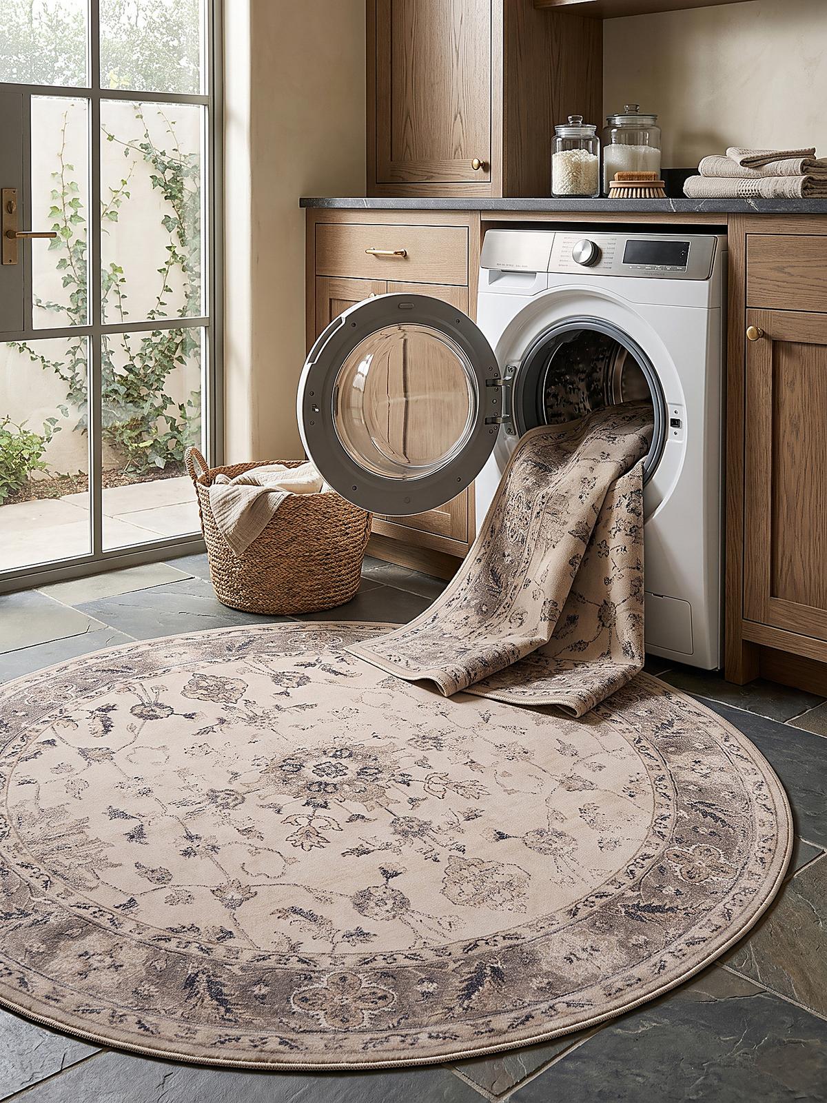 TEPPICH Kurzflor, waschbar, mit floralen Ornamenten, aus Polyester, VERNANTE in Beige-Grau, Ø 120 cm - Beige, Textil (120/120cm) - KADIMA DESIGN
