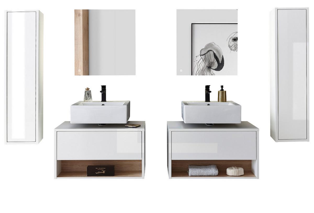 BADMÖBEL-SET 6-teilig weiß Hochglanz, Eiche, Badezimmer Komplettset mit LED Beleuchtung 250 cm - Weiß Hochglanz/Eichefarben, Glas/Holzwerkstoff (250/190/46cm) - Furn.Design