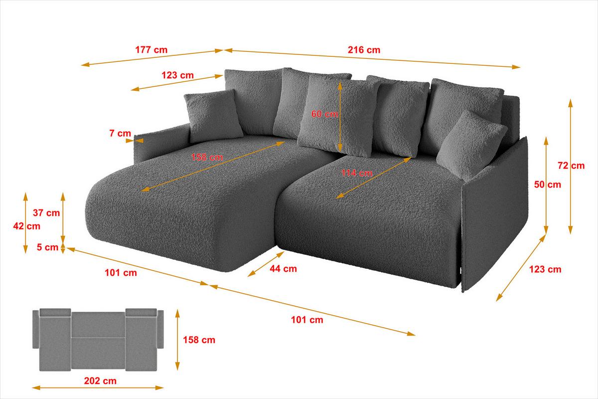 ECKSOFA Ottomane links ONESK-L -v1 216x177x72 Grau Bouclé - Platinfarben, Holzwerkstoff/Kunststoff (216/177cm) - ALTDECOR