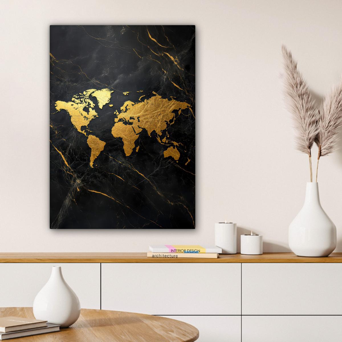 LEINWANDBILD Weltkarte - Gold - Marmor Wandbild Wohnzimmer 60x80 cm - Goldfarben, Textil (60/80cm) - MuchoWow