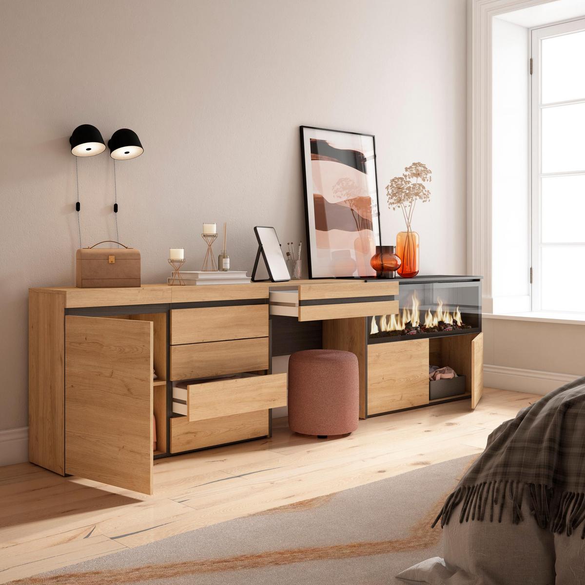 SIDEBOARD mit Konsolentisch Elektrokamin XXL, eiche, 284/35/75cm - Eichefarben, Holzwerkstoff (284/75/35cm) - Skraut Home