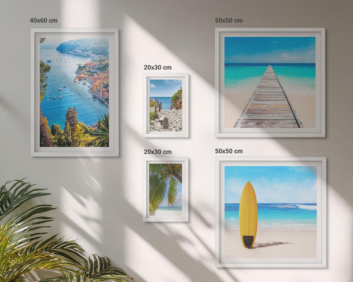 BILDER SET 5er Set - 50x50 cm & 20x30 cm & 40x60 cm Weißer Rahmen - Urlaubsblick Strand Palmen - Weiß, Kunststoff (40/60cm) - TULUP