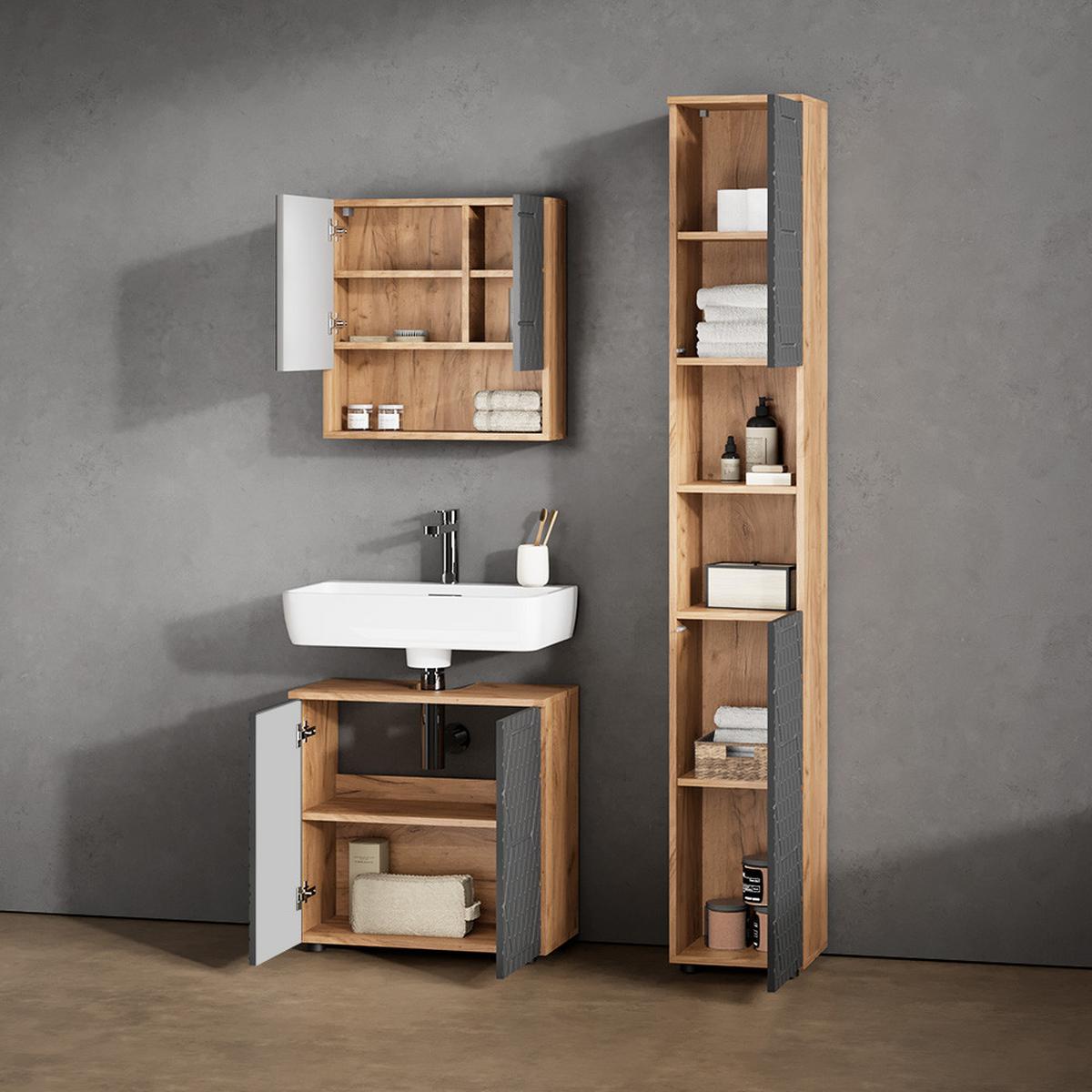 WASCHBECKENUNTERSCHRANK Ronco Anthrazit mit Wabenstruktur 60 x 59 cm - Schieferfarben/Eiche Wotan, Holzwerkstoff (60/59/30cm) - Livinity®