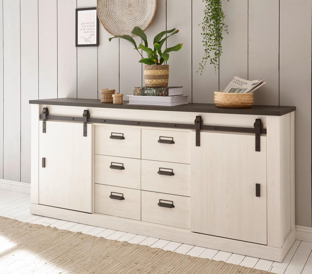 ESSZIMMER-SET weiß Pinie, anthrazit Landhaus, Wohnkombination 2-teilig - Anthrazit/Weiß, Holzwerkstoff/Metall (314/201/43cm) - Furn.Design