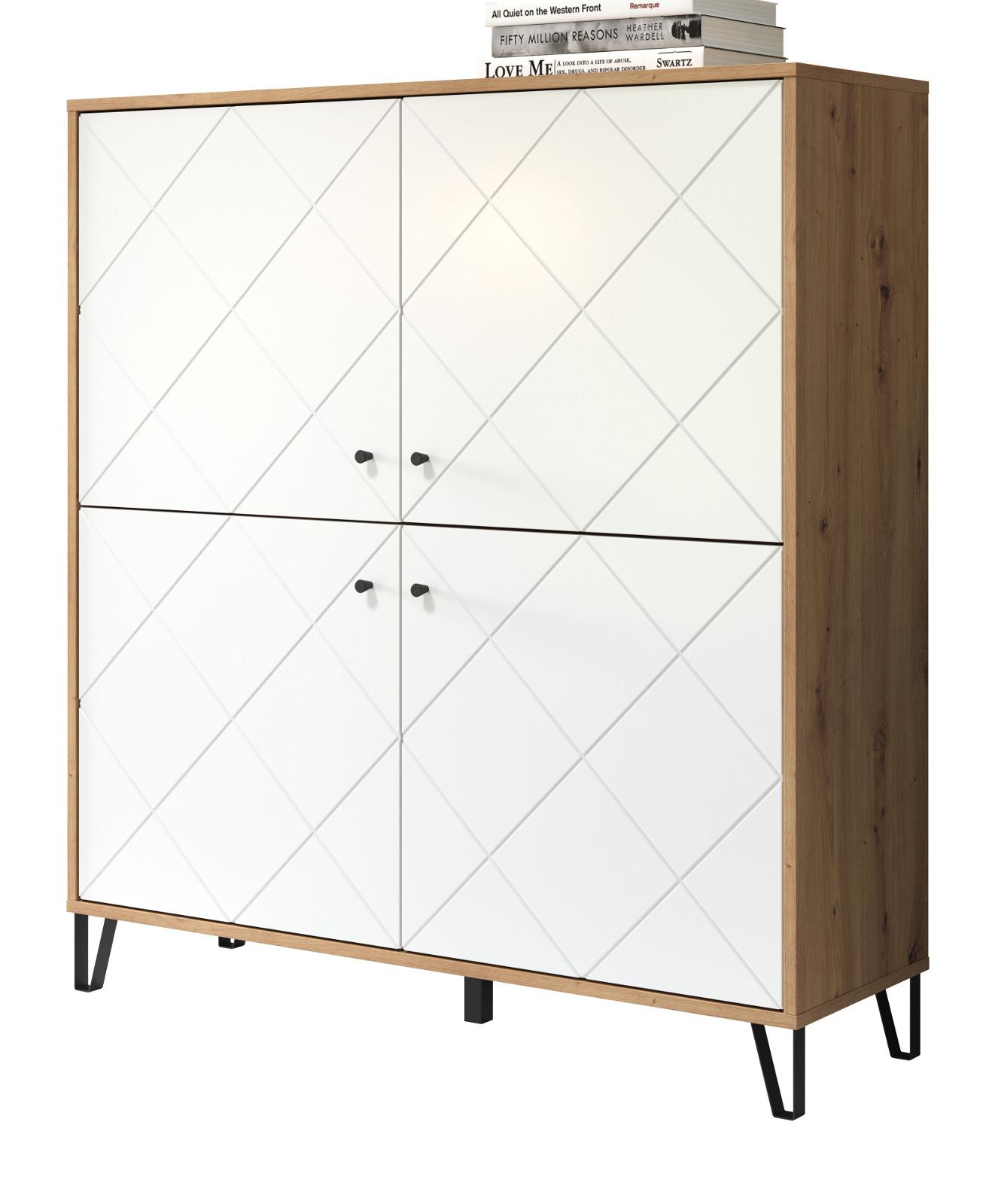 HIGHBOARD weiß matt mit Rautenoptik, Eiche Artisan 123 x 136 cm, Kommode mit Soft-Close - Eichefarben/Schwarz, Holzwerkstoff/Kunststoff (123/136/40cm) - Top.Furn