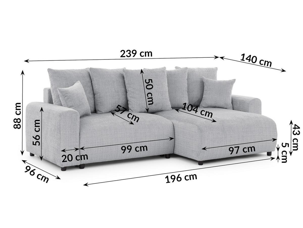 ECKSOFA Calma mit Schlaffunktion und Bettkasten im Bumpy-Design aus weichem Hellgrau Chenille-Stoff - Ottomane rechts - Beige/Hellgrau, Holz/Kunststoff (239/140cm) - S-Style Möbel