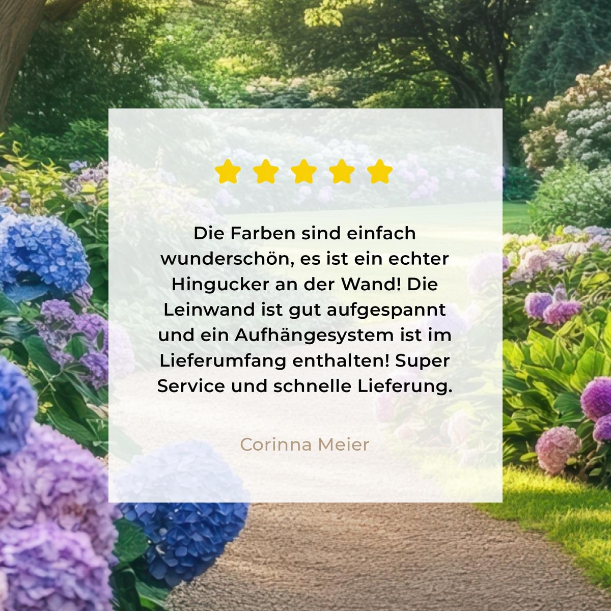 LEINWANDBILD Aussicht - Garten - Fenster - Hortensie - Blumen Wandbild Wohnzimmer 60x80 cm - Pastellblau, Textil (60/80cm) - MuchoWow