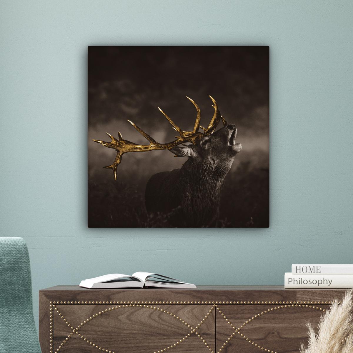 LEINWANDBILD Rotwild - Schwarz - Gold Wandbild Wohnzimmer 50x50 cm - Braun, Textil (50/50cm) - MuchoWow
