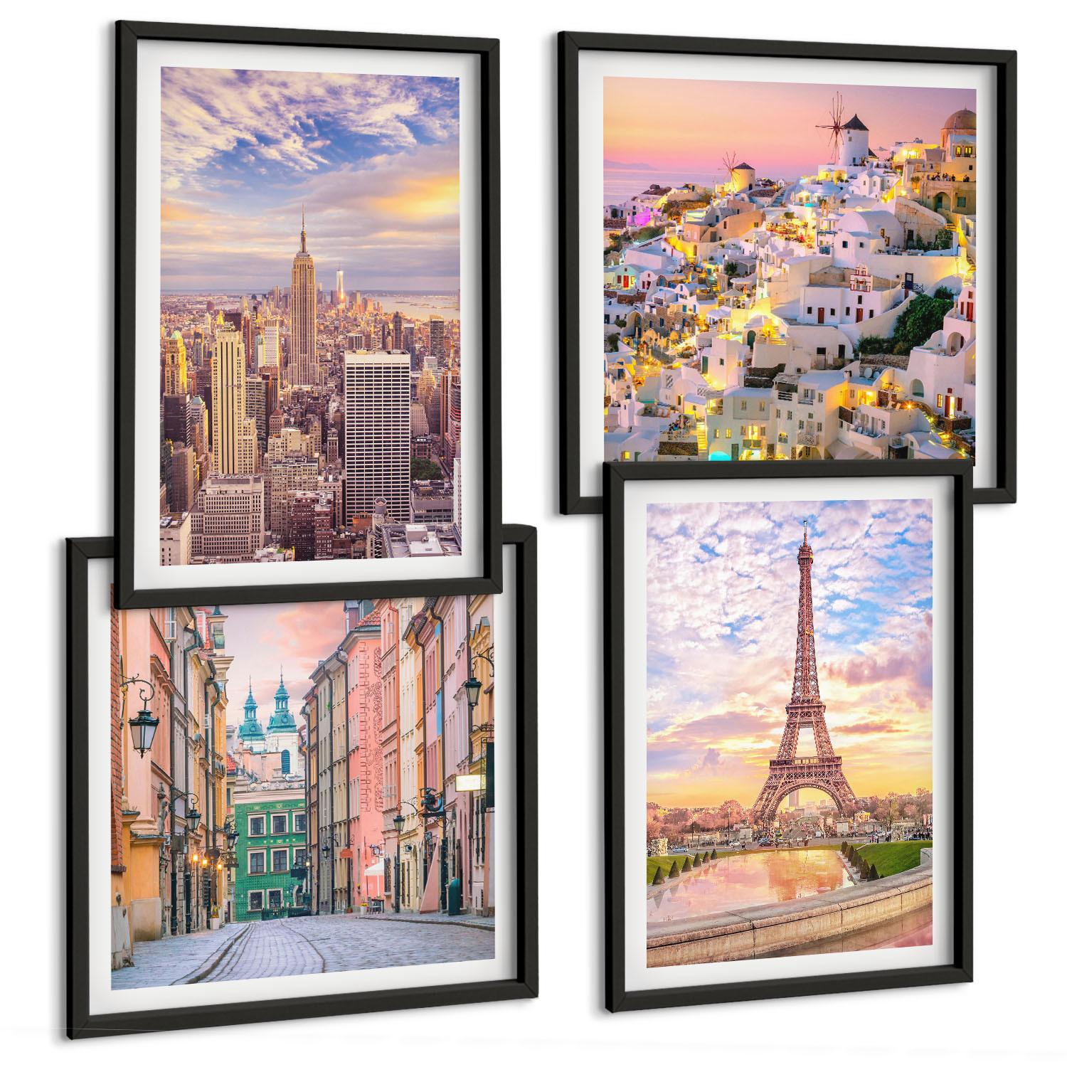 BILDER SET 4er Set - 50x50 cm & 40x60 cm Schwarzer Rahmen - New York Paris Oia Warschau Dämmerung - Schwarz, Kunststoff (50/50cm) - TULUP