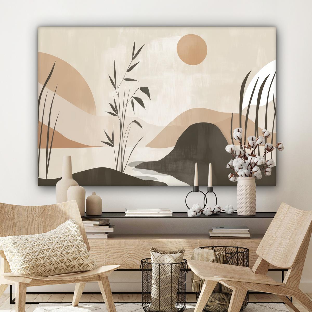 LEINWANDBILD Japandi - Landschaft - Beige XXL 150x100 cm - Cognac, Textil (150/100cm) - MuchoWow