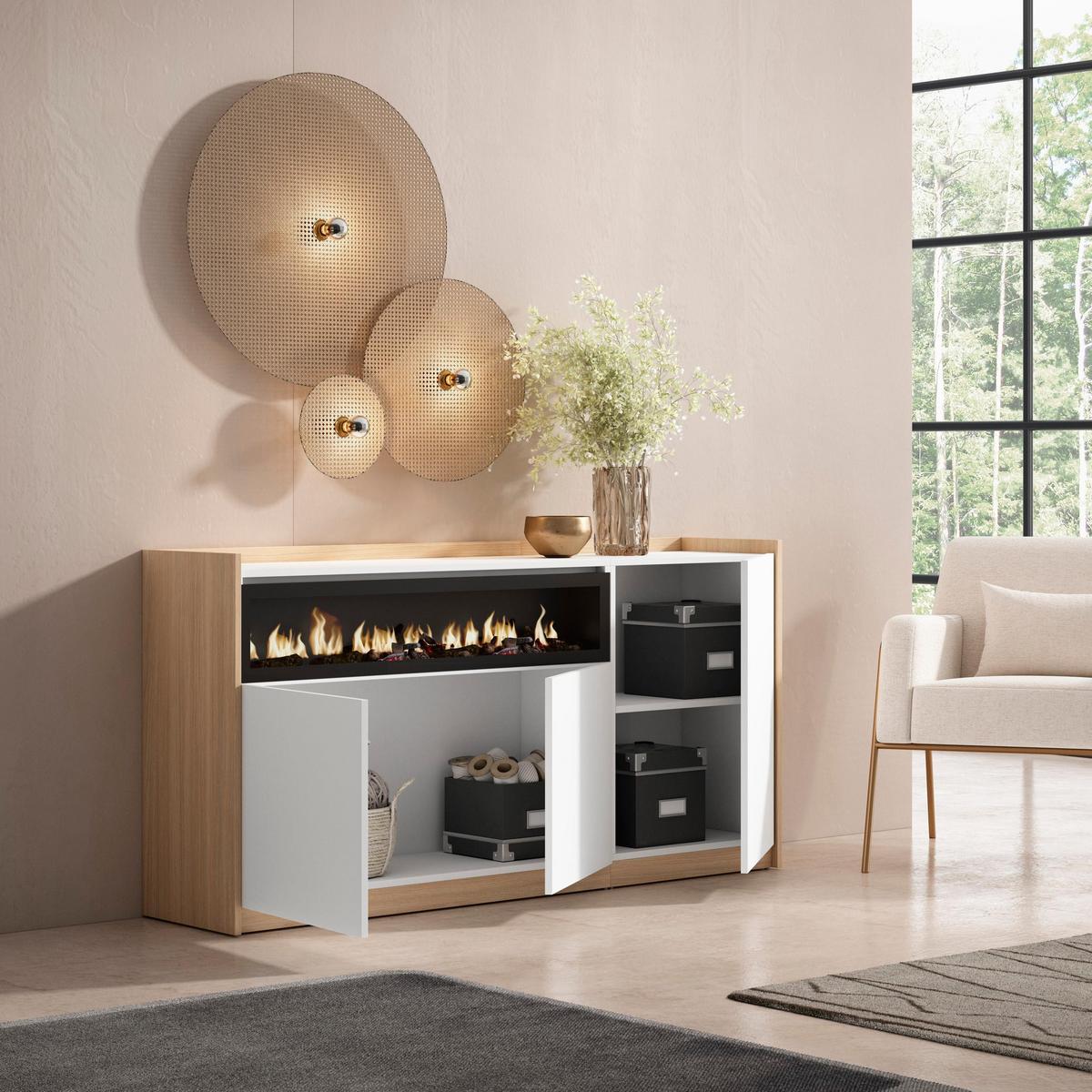 SIDEBOARD, Highboard, Weiß und Eiche Soft, Elektrokamin, 156/37/80cm - Weiß, Holzwerkstoff (156/80/37cm) - Skraut Home