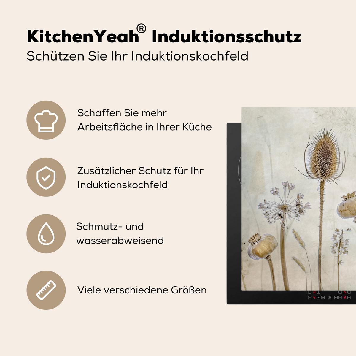 HERDABDECKPLATTE Blumen - Aquarell - Stilleben - Braun - Vintage Induktionsmatte 77x51 cm - Sandfarben, Kunststoff (77/51/0.2cm) - MuchoWow
