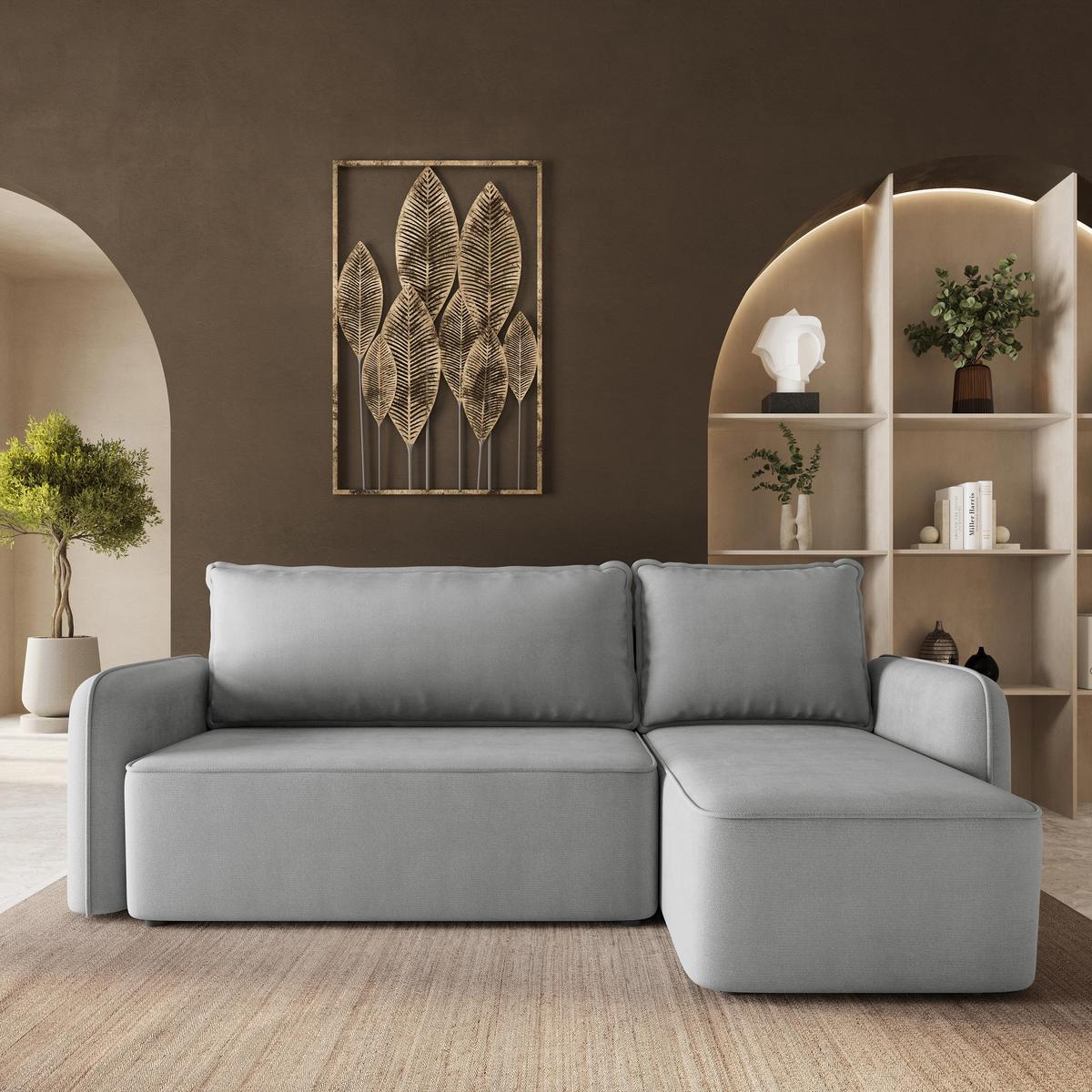 ECKSOFA DOLVER Hellgrau Plüsch-Stoff mit Schlaffunktion - Hellgrau, Holz (238/156cm) - MASSENO
