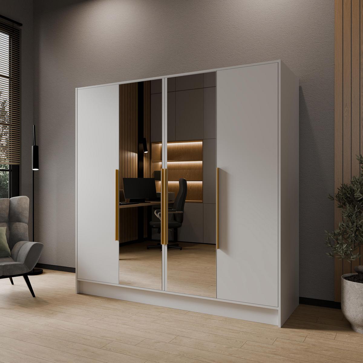 DREHTÜRENSCHRANK Laro mit Spiegel, Weiß mit mit goldenen Griffen, 200 cm - Weiß, Holzwerkstoff (200/200/51cm) - Beautysofa