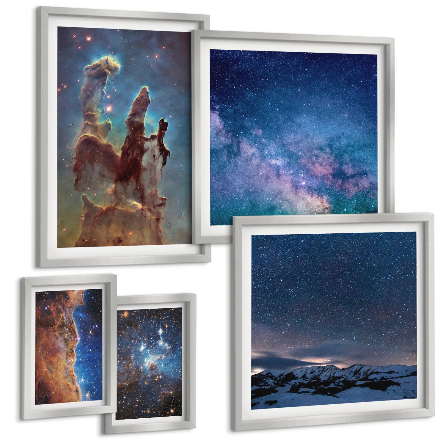 BILDER SET 5er Set - 50x50 cm & 20x30 cm & 40x60 cm Silberner Rahmen - Weltraumlandschaften von Galaxien - Silberfarben, Kunststoff (40/60cm) - TULUP