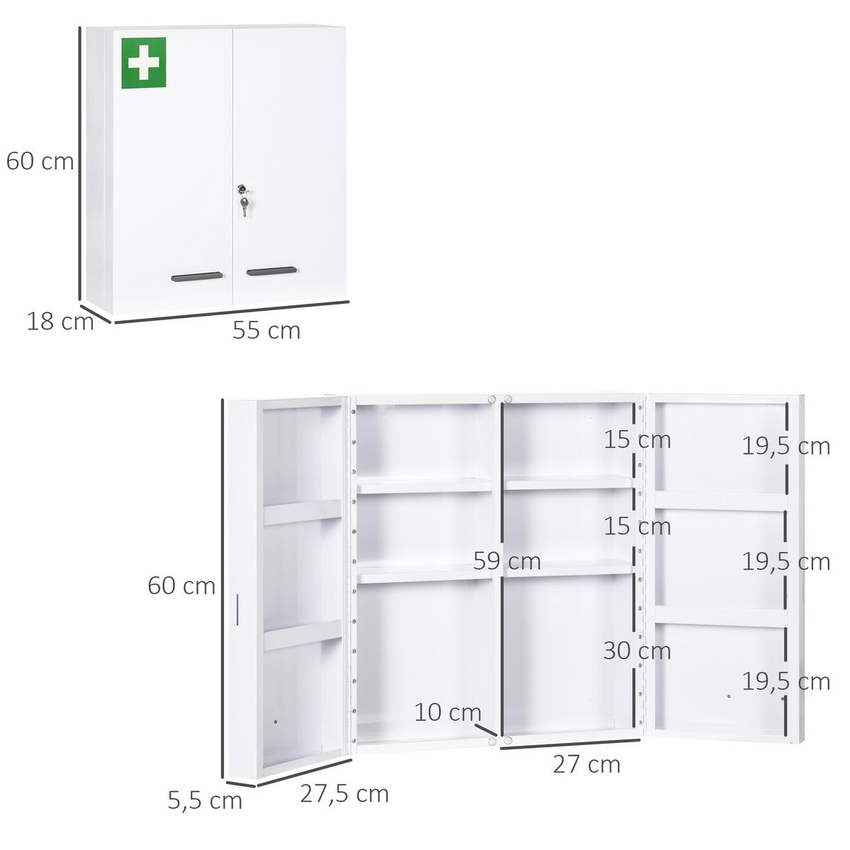 MEDIZINSCHRANK, 2-türiger Medikamentenschrank, Apothekerschrank für Wandmontage - Schwarz/Weiß, Metall (55/60/18cm) - Kleankin