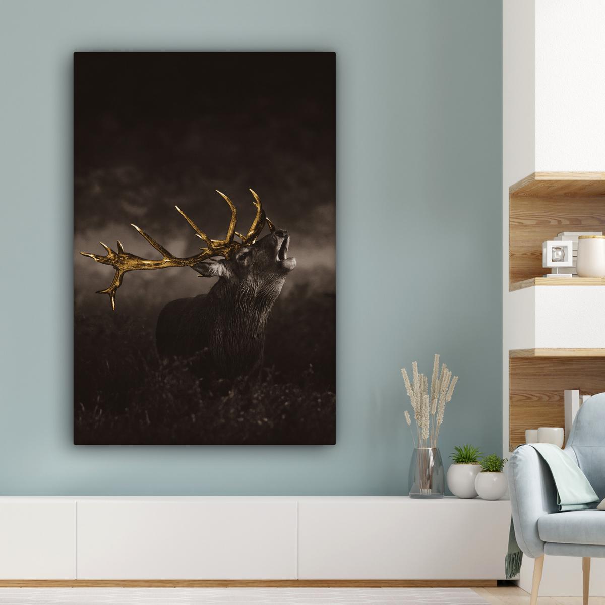 LEINWANDBILD Rotwild - Schwarz - Gold Deko XXL 80x120 cm - Braun, Textil (80/120cm) - MuchoWow