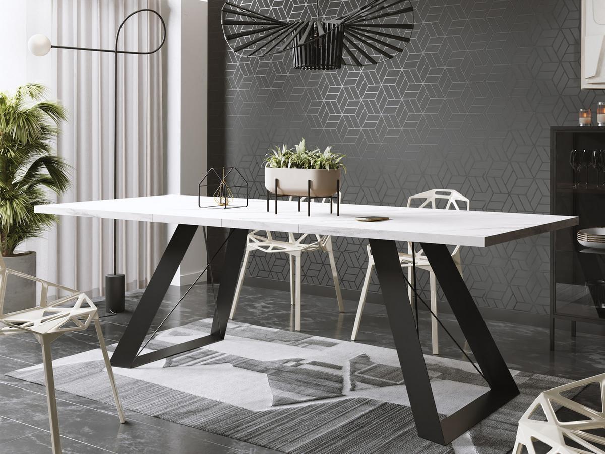 ESSTISCH Colter rechteckig ausziehbar, Marmor Weiß 160-260/90/76 cm - Ecru/Schwarz, Holzwerkstoff/Metall (90/260/76cm) - WFL GROUP