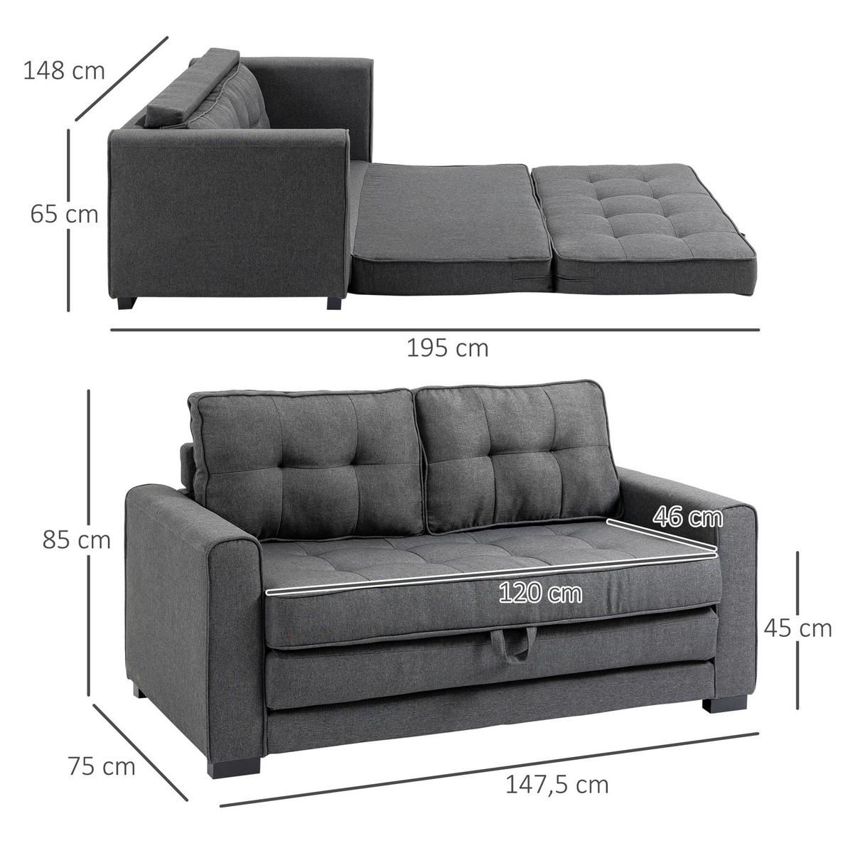 SCHLAFSOFA Klappsofa 2-Sitzer Sofa mit Schlaffunktion Leinen-Touch Holz Grau - Schwarz/Grau, Holz/Textil (75/85/147.5cm) - HOMCOM