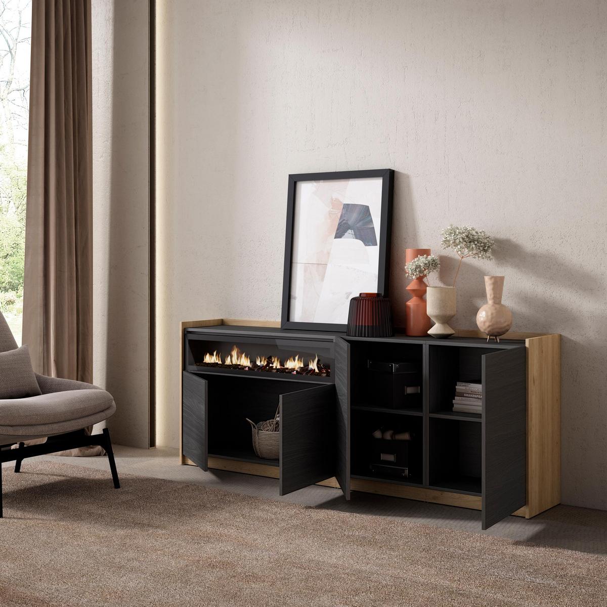 SIDEBOARD, Highboard, Schwarz Eiche, Elektrokamin, 207/37/80cm - Schwarz, Holzwerkstoff (207/80/37cm) - Skraut Home