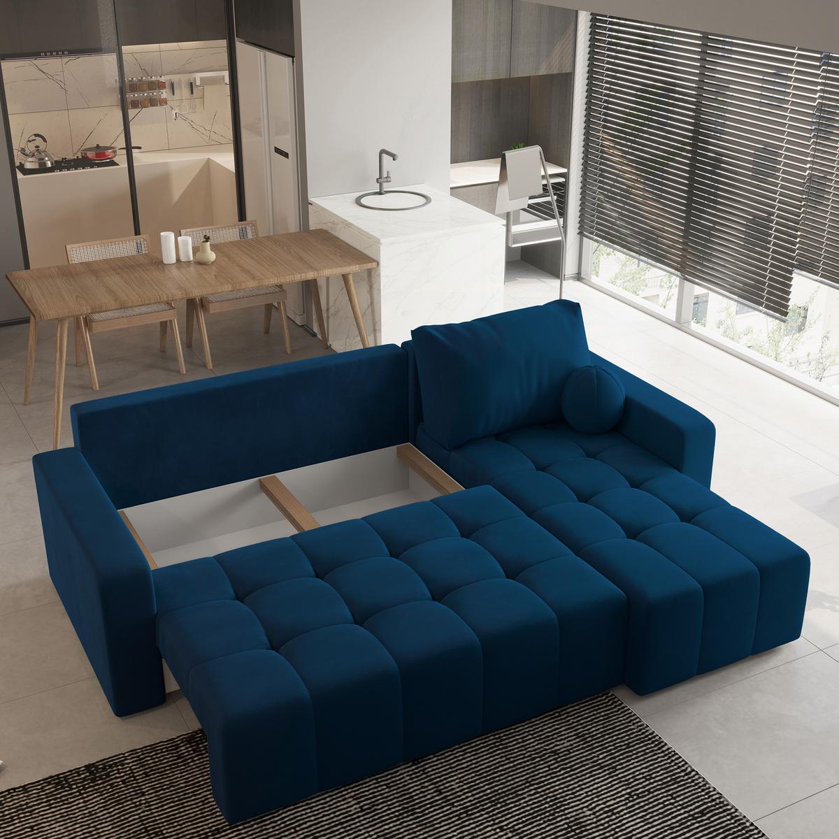 ECKSOFA VOLIRA Blau Plüsch-Stoff mit Schlaffunktion - Blau, Holz (230/143cm) - MASSENO