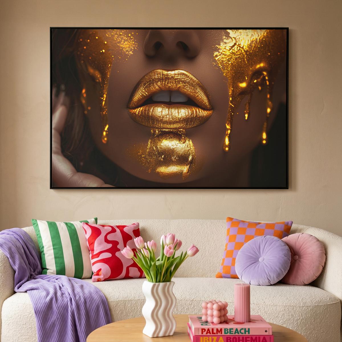 LEINWAND Bilder mit Rahmen - Frau - Gold - Luxus - Porträt - 140x90 - Goldfarben, Textil (140/90cm) - MuchoWow