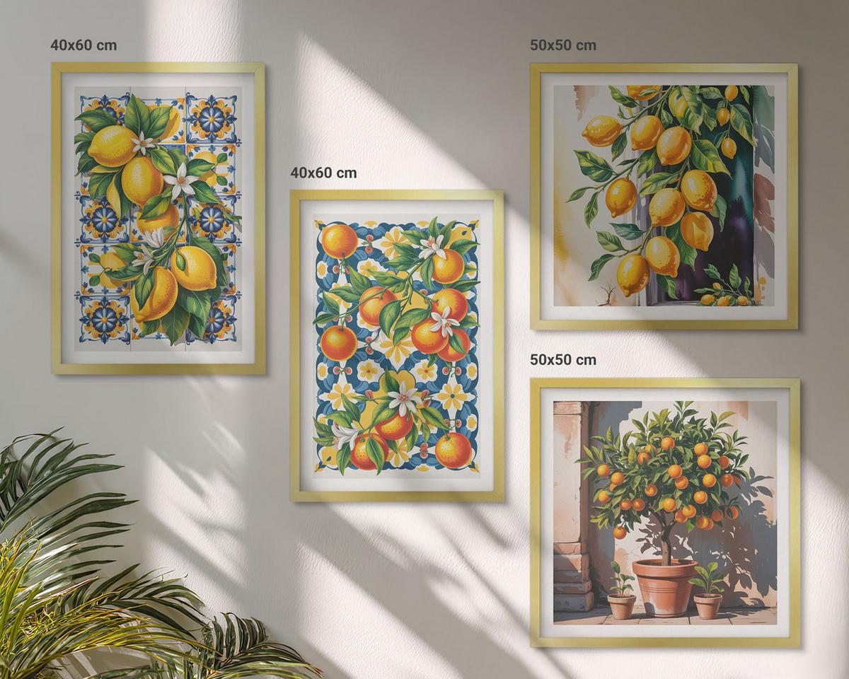 BILDER SET 4er Set - 50x50 cm & 40x60 cm Goldrahmen - Farbenfrohe abstrakte Zitrusfrüchte - Goldfarben, Kunststoff (50/50cm) - TULUP
