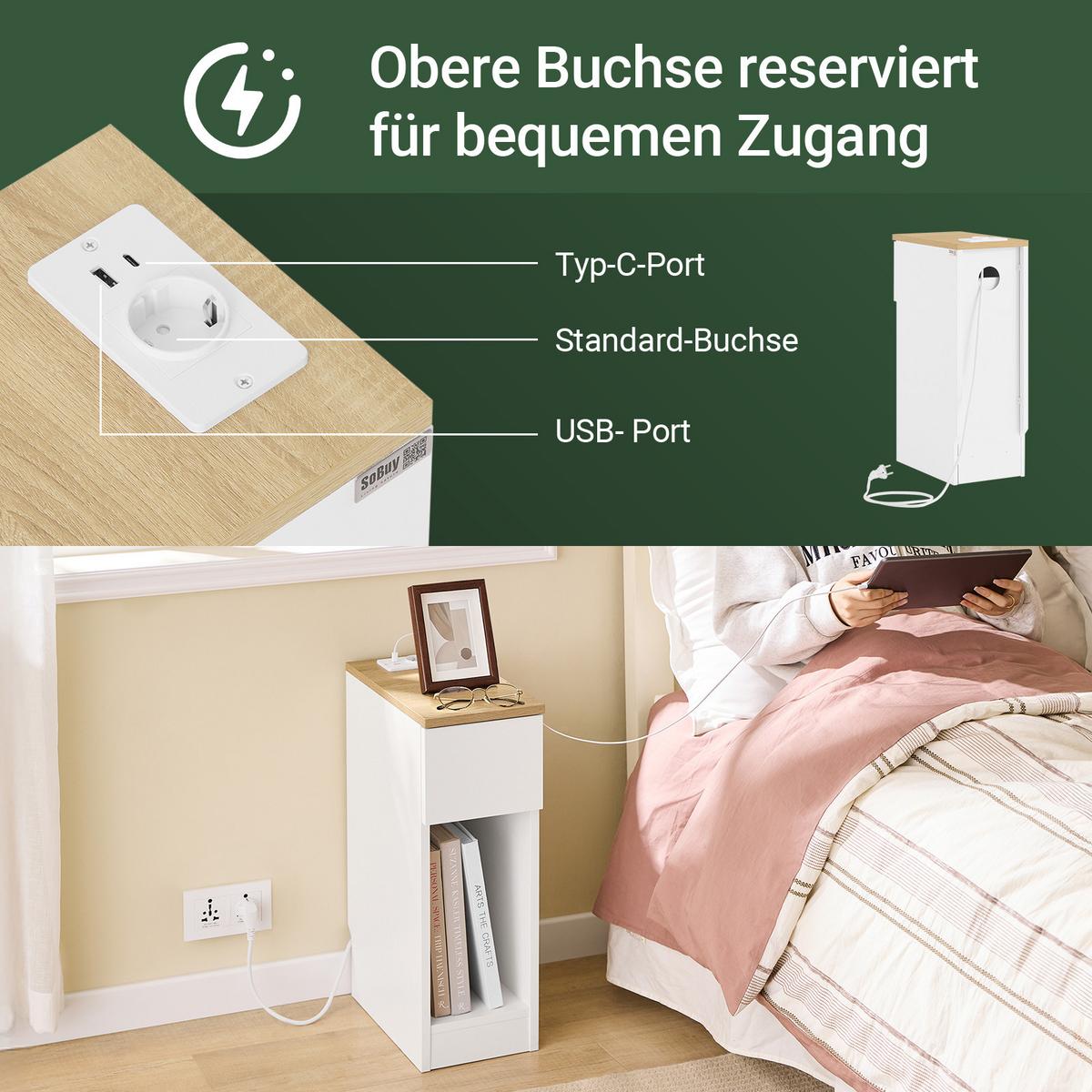 NACHTTISCH schmaler mit Ladefunktion (USB & Typ-C) 20x35x60 cm, Weiß, mit heller Holzplatte, Schublade & offenes Fach, Schlafzimmer/Wohnzimmer - Weiß, Holzwerkstoff (20/60/35cm) - SoBuy