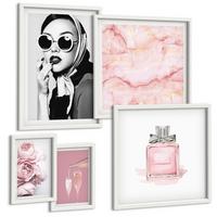 BILDER SET 5er Set - 50x50 cm & 20x30 cm & 40x60 cm Weißer Rahmen - Stilvolle pinkfarbene Accessoires - Weiß, Kunststoff (40/60cm) - TULUP