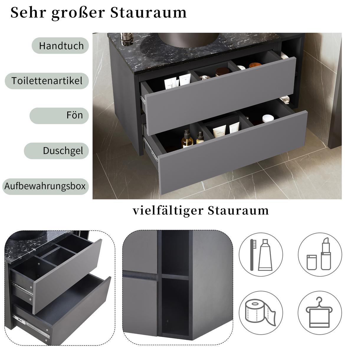 WASCHTISCHKOMBI Schwarz-Grau mit Keramikbecken - Grau, Holzwerkstoff (80/48/44cm) - Urban Meuble
