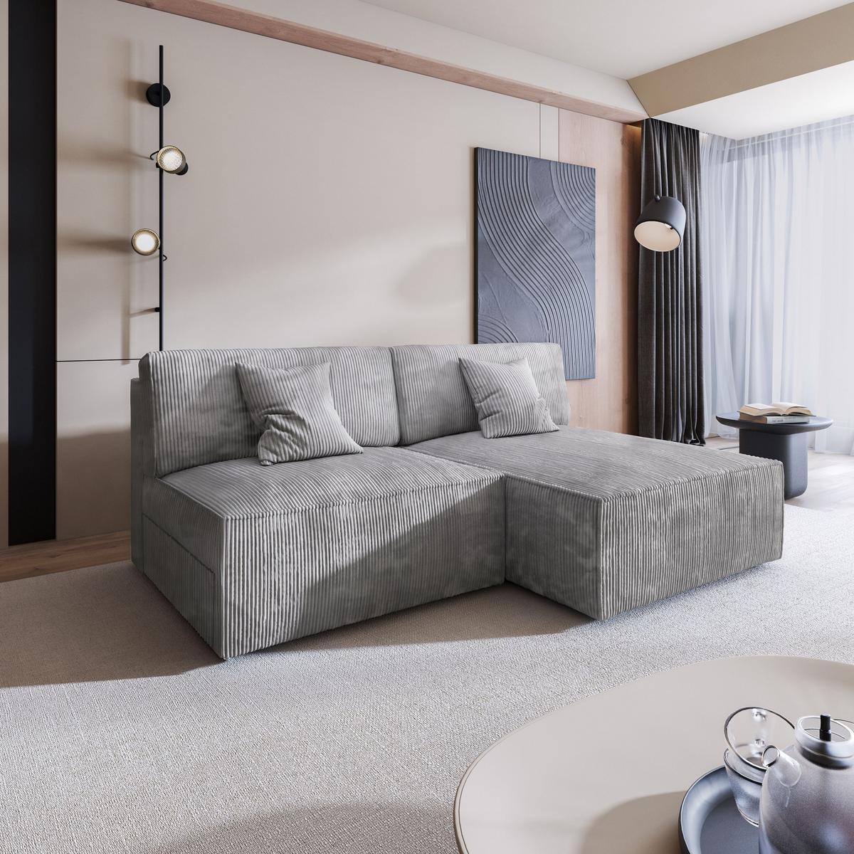 ECKSOFA FIORO P Hellgrau Kordstoff mit Schlaffunktion - Hellgrau/Grau, Holz/Kunststoff (204/148cm) - MASSENO