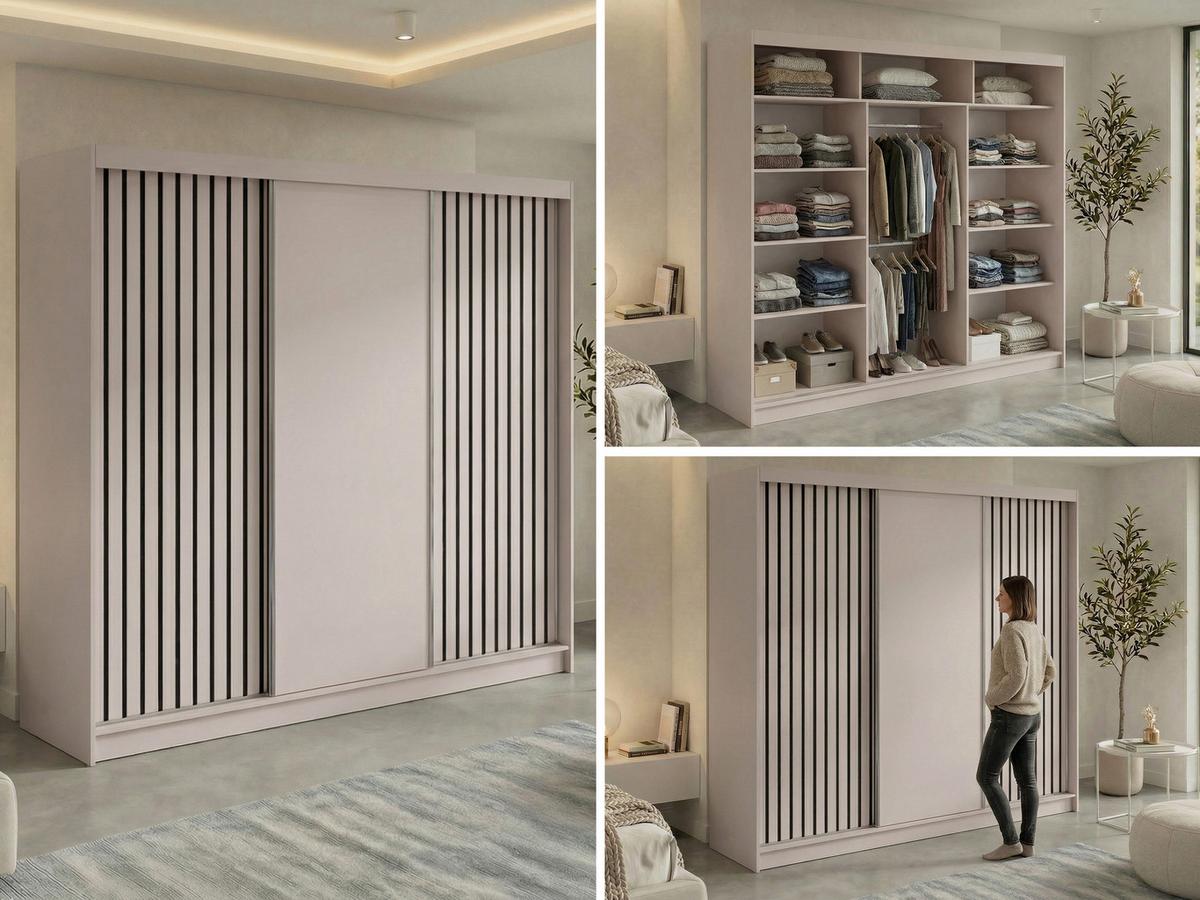 SCHWEBETÜRENSCHRANK mit Lamellen LUMOS - 240 - Kaschmir und Schwarz - Kaschmir/Schwarz, Holzwerkstoff/Metall (240/216/61cm) - MKS