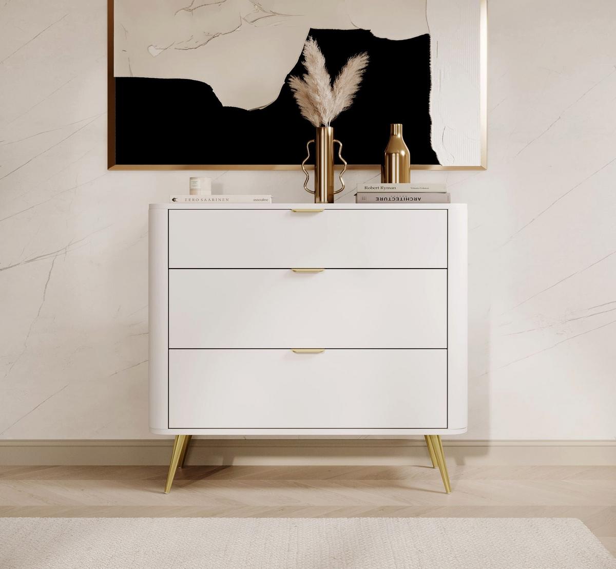 KOMMODE Oval Weiß 92 cm - Goldfarben/Weiß, Holzwerkstoff/Metall (92.4/83.6/38cm) - Selsey