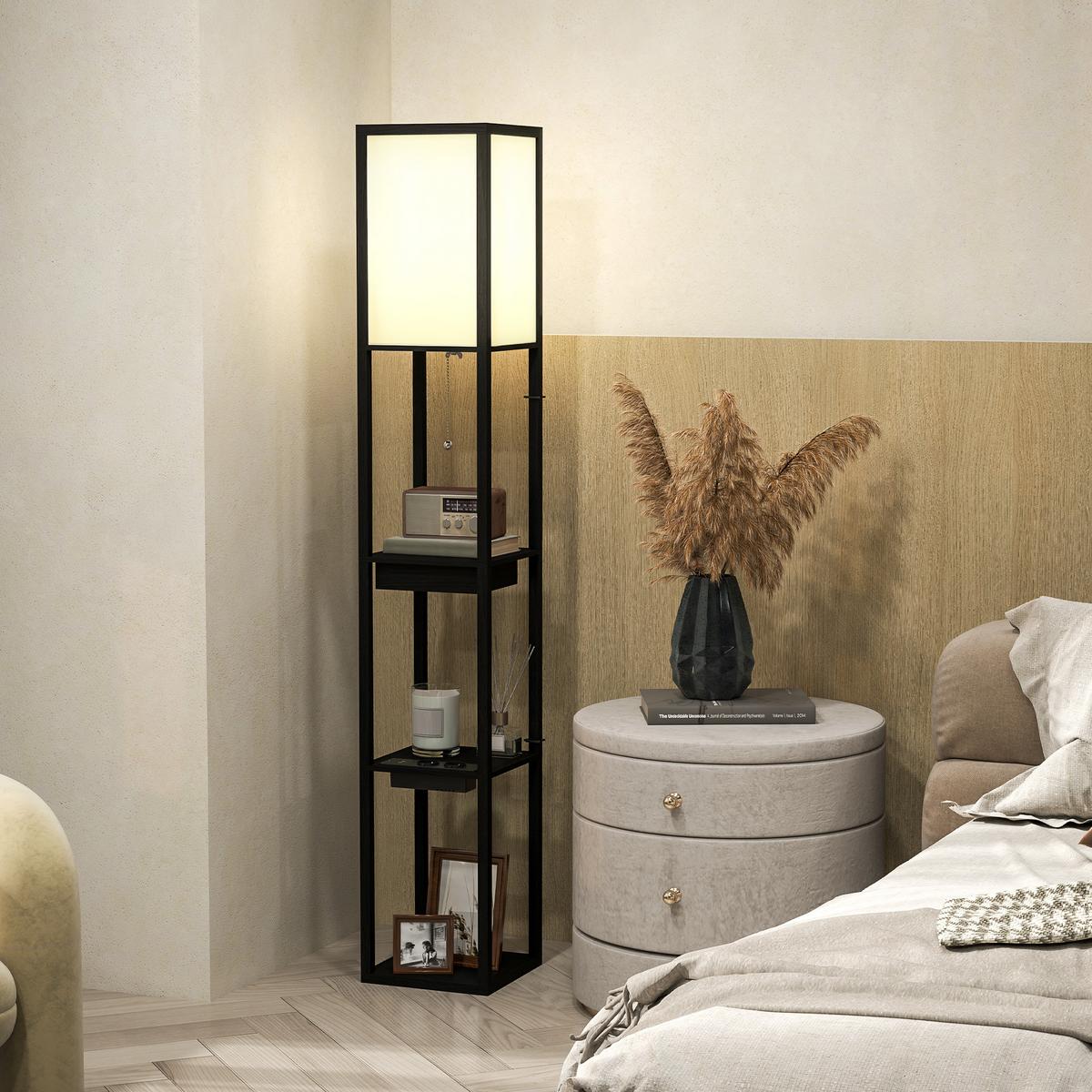 STEHLAMPE, Stehleuchte mit 3 Fächern, E27 Sockel, USB-A, USB-C Anschlüssen - Schwarz, Holzwerkstoff (26/26/159cm) - HOMCOM