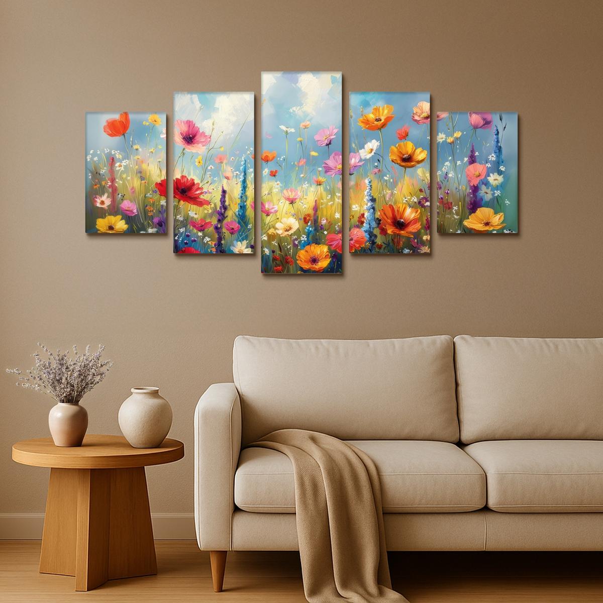 LEINWANDBILD 5er Set Blumen - Frühling - Farbenfroh - Sommerlich 100x50 cm - Orange, Textil (100/50cm) - MuchoWow